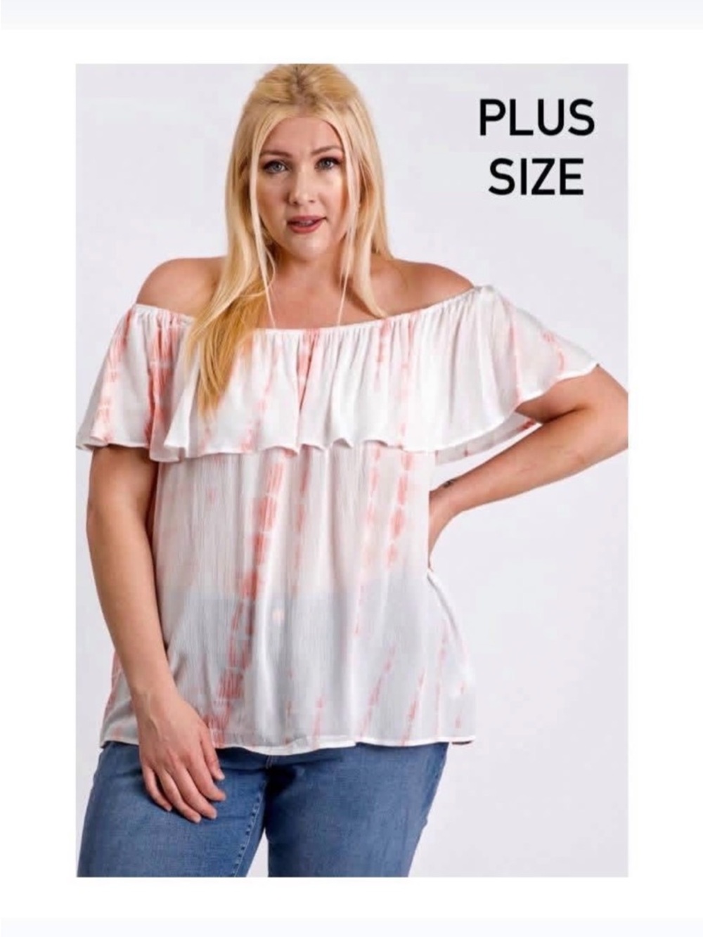 Umgee Plus Size Off-Shoulder Ruffle Top in White & Light Pink